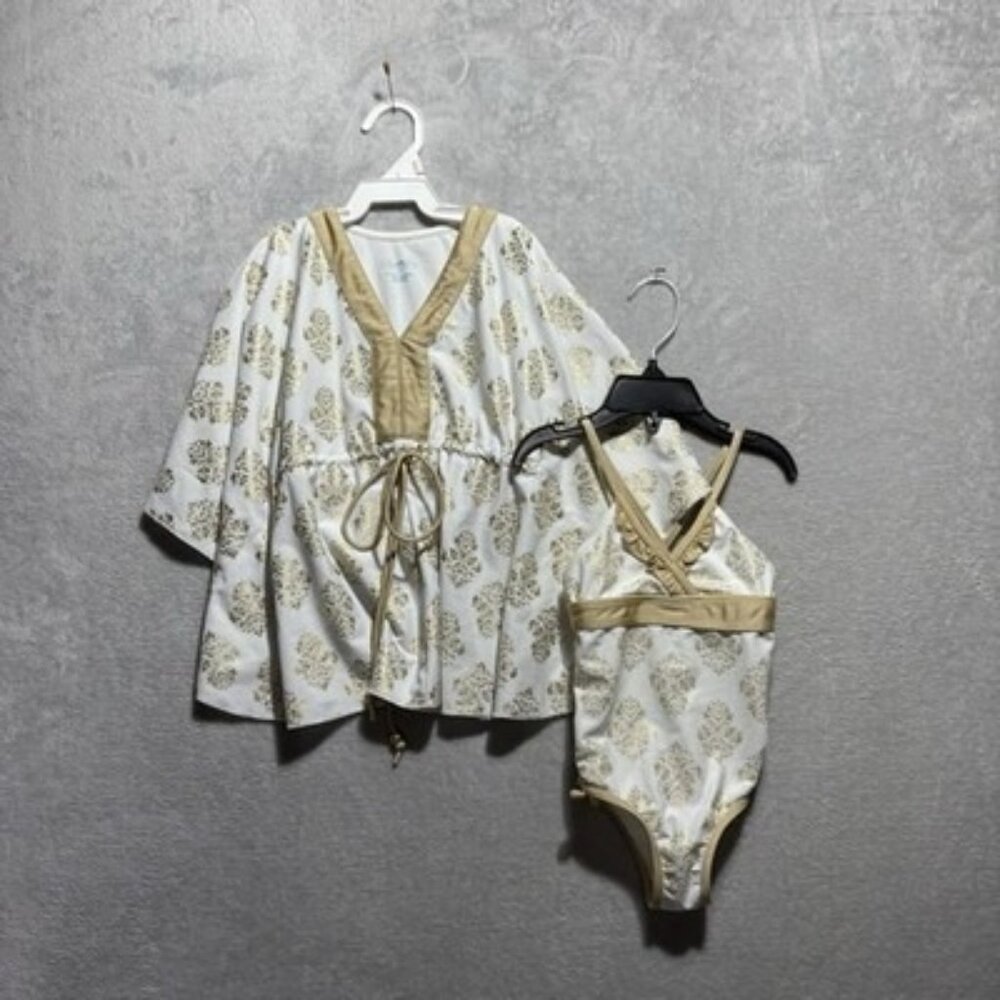 Cabana Llife‎ Girl's Toddler 2T White Gold Swimsuit Cover-Up Set UPF Protection